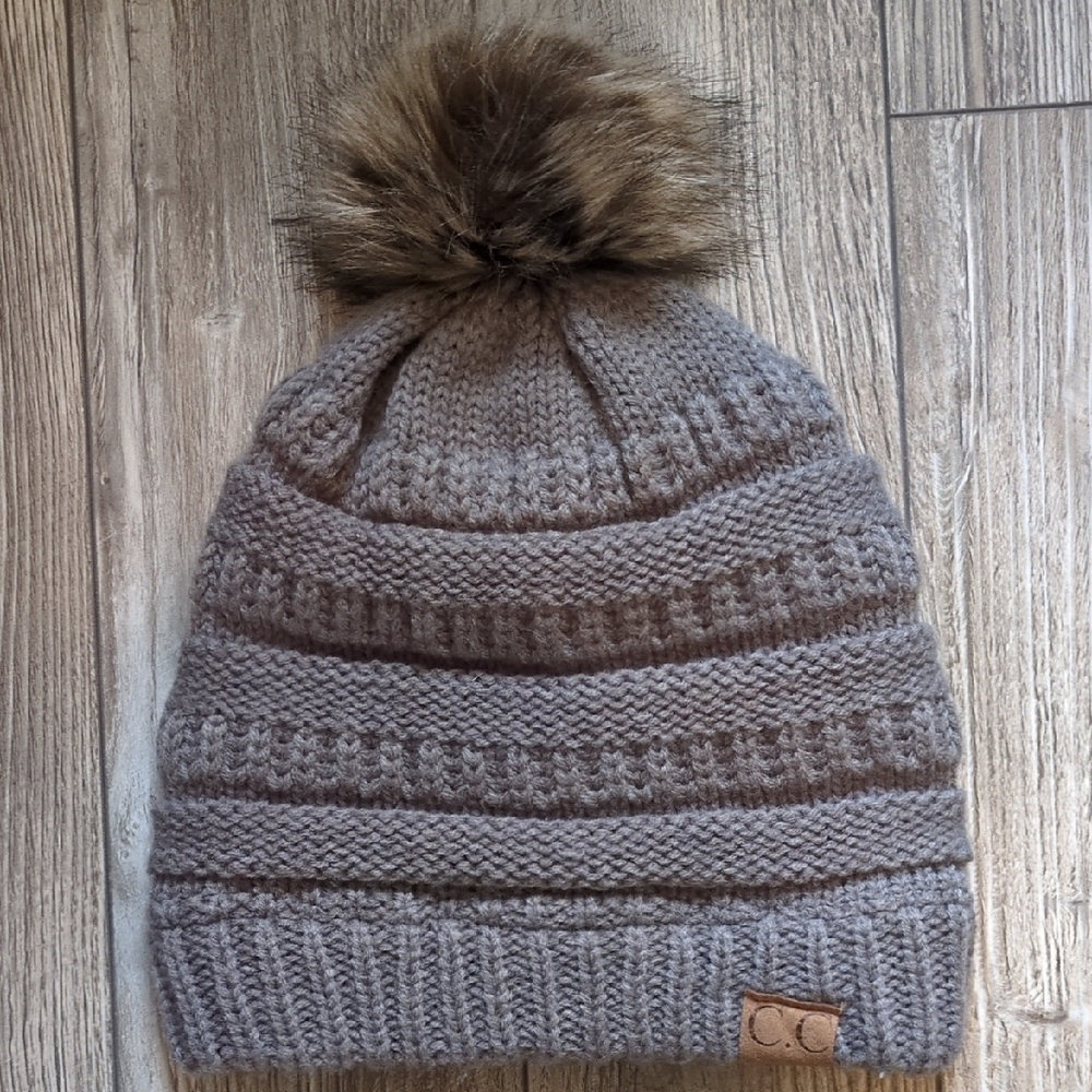 C.C Grey Knit fleece-lined Beanie with Faux Fur Pom